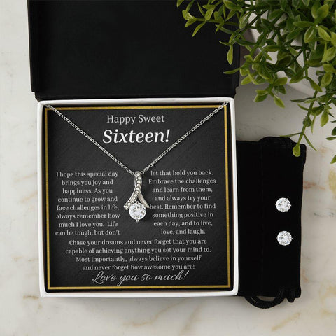 Happy Sweet Sixteen Birthday 14k W/Gold Finish Necklace and Earring Set with Message Card and Gift Box - ELKAMANIA