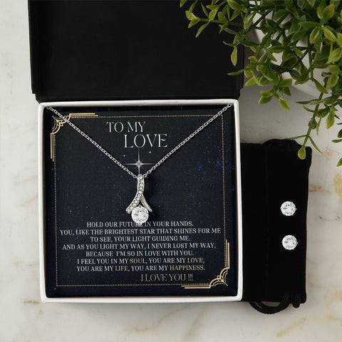 To My Love - The 14K W/G finish Alluring Beauty Necklace and CZ Earring Set - ELKAMANIA